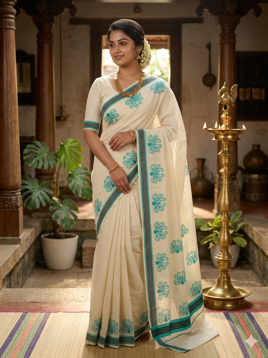 Kerala Cotton Turquoise Colour Printed Saree SL177
