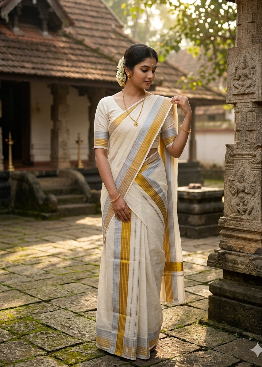 Kerala Cotton Silver and Gold Lines Set Mundu 2.80 mtrs SL417