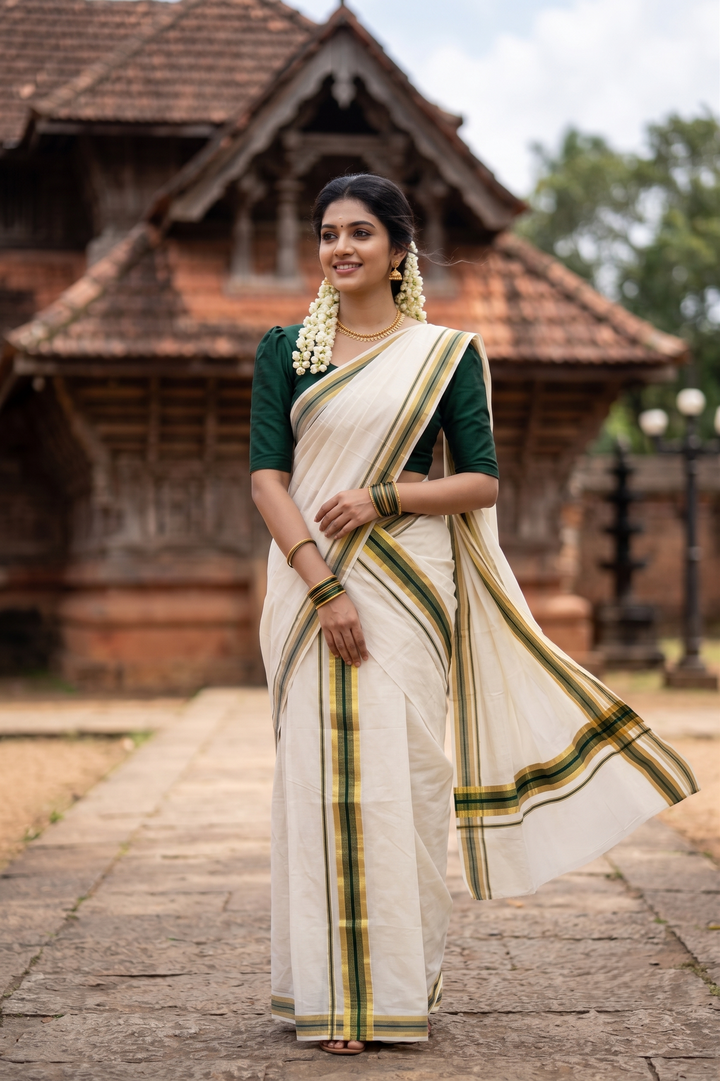 Southloom Kerala Cotton Mundum Neriyathum Single (Set Mundu) with Kasavu and Green Border 2.80 Mtrs SLKK