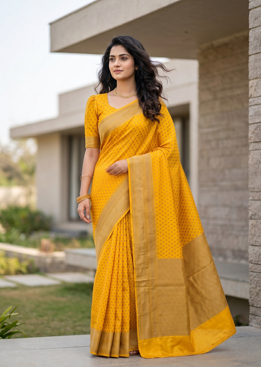 Southloom Munga Silk Saree with Woven Work on Body and Borders (Yellow)