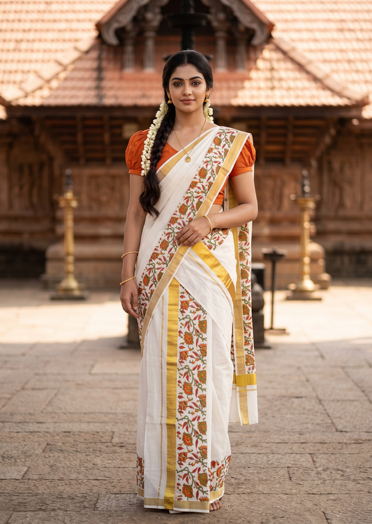 Southloom Cotton Single Set Mundu (Mundu Neriyathum) With Floral Digital Print In Orange 2.80 Mtrs