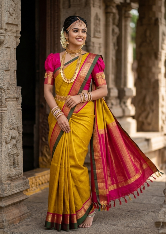 Southloom Pure Handloom Bridal Kanchipuram Silk Saree with Korvai Work (Green & Pink)