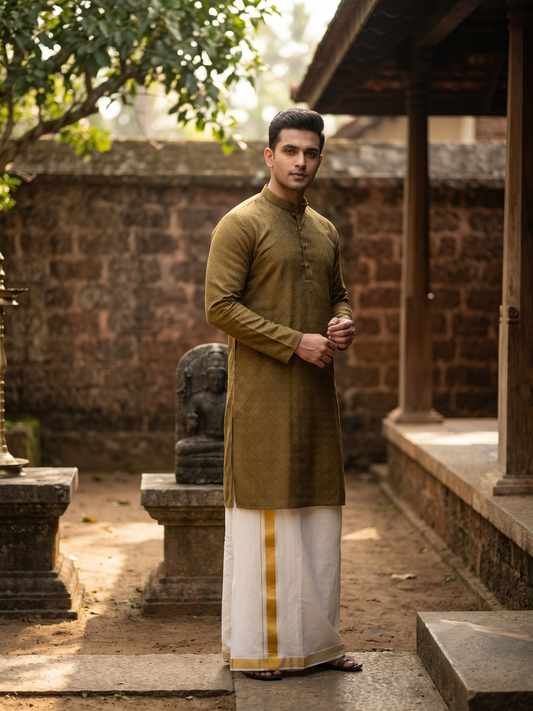 Southloom Mustard yellow woven Semi Silk Short Kurta for Men SL590