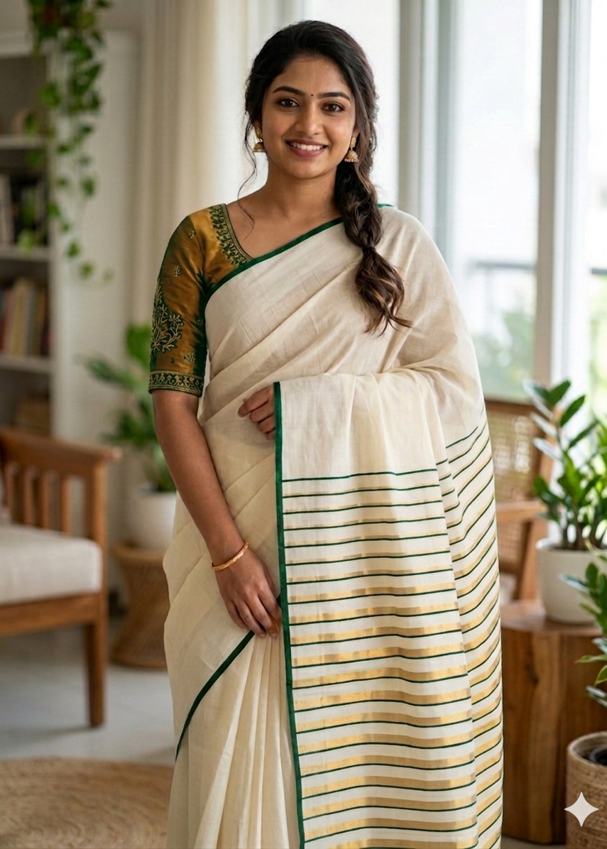 Kerala Cotton Green Puliyilakara Saree SL151