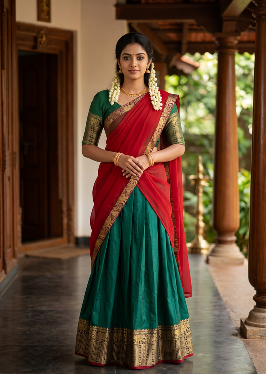 Southloom Semi Stitched Narayanpet Dhavani Set with Pavada and Green Blouse Piece SLDHAVANI SL541