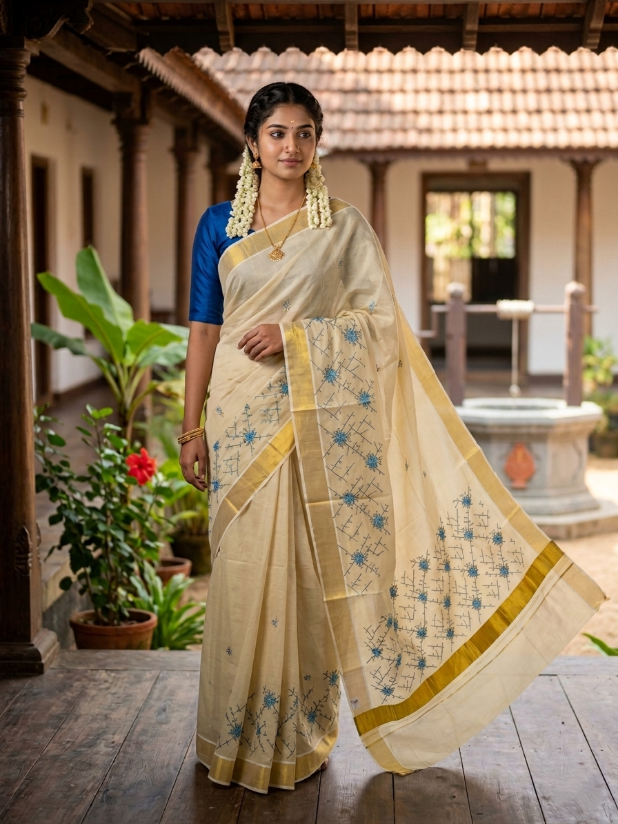 Southloom Tissue Kerala Kasavu Saree with Floral Embroidery Work on Body in Blue
