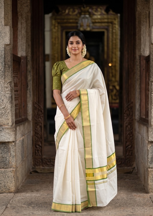 Southloom Kerala Cotton Kasavu Saree with Micro Stripes on Body In Olive Green Border SL361