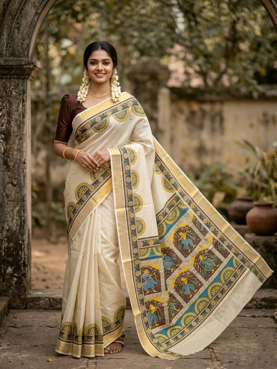 Southloom Kerala Tissue Kasavu Saree with Brown and Blue Hand Printed SL327