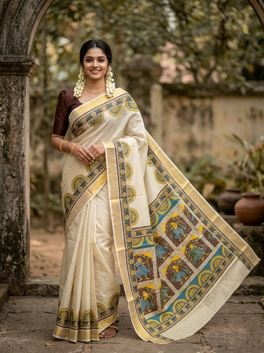 Southloom Kerala Tissue Kasavu Saree with Brown and Blue Hand Printed SL327