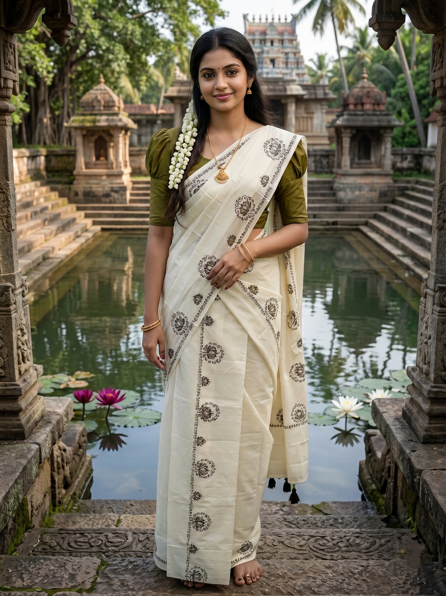 Southloom Kerala Cotton Single Set Mundu (Mundum Neriyathum) with OliveGreen &Black Lotus Block Printed Design