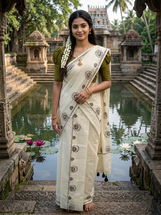 Southloom Kerala Cotton Single Set Mundu (Mundum Neriyathum) with OliveGreen &Black Lotus Block Printed Design
