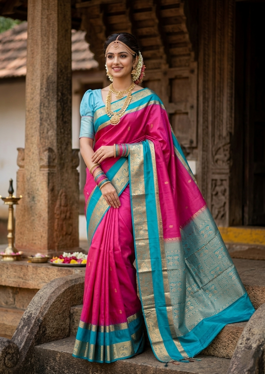 Southloom Premium Bridal Handloom Kanchipuram Silk Saree With Korvai Works (Pink & Blue)
