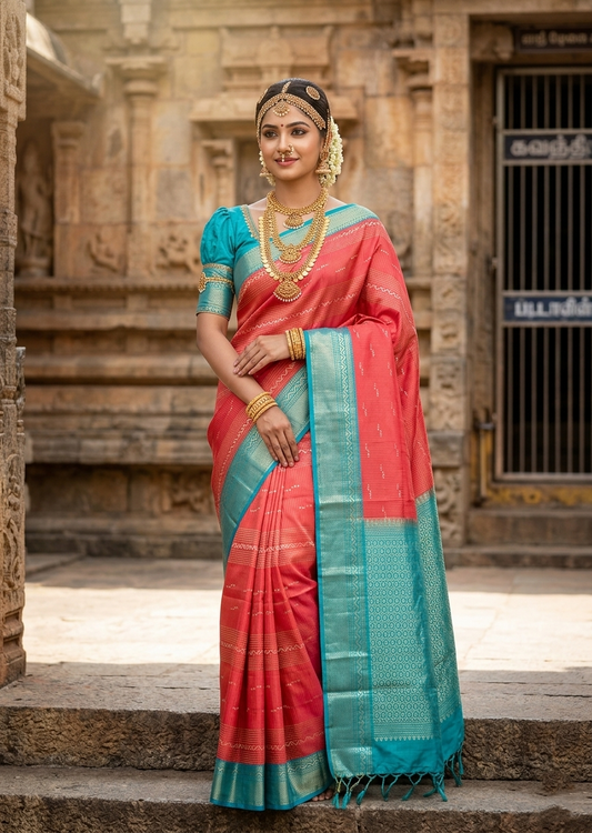 Southloom Pure Handloom Bridal Kanchipuram Silk Saree with Korvai Work