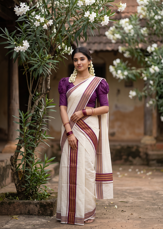 Southloom Kerala Cotton Kasavu Set Mundu (Mundum Neriyathum) with Kasavu and Purple Border 2.80 Mtrs SLKK