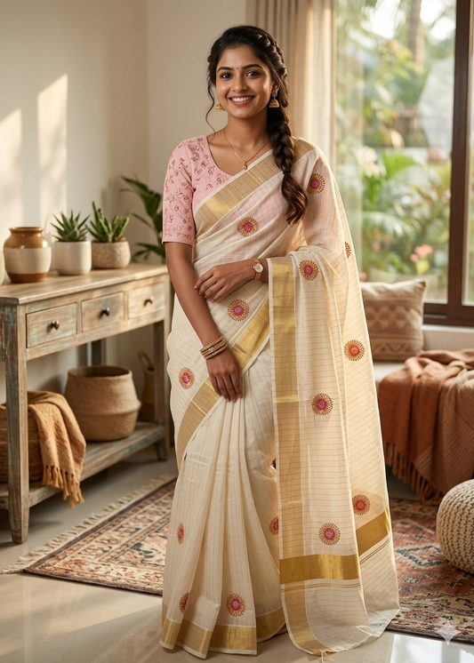 Kerala Cotton Lines saree with Pink Floral Embroidery SL314