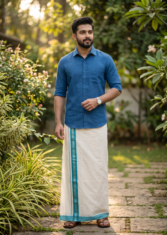 Southloom Pure Cotton Mundu with Silver Lines and Blue Border (South Indian Kerala Dhoti)