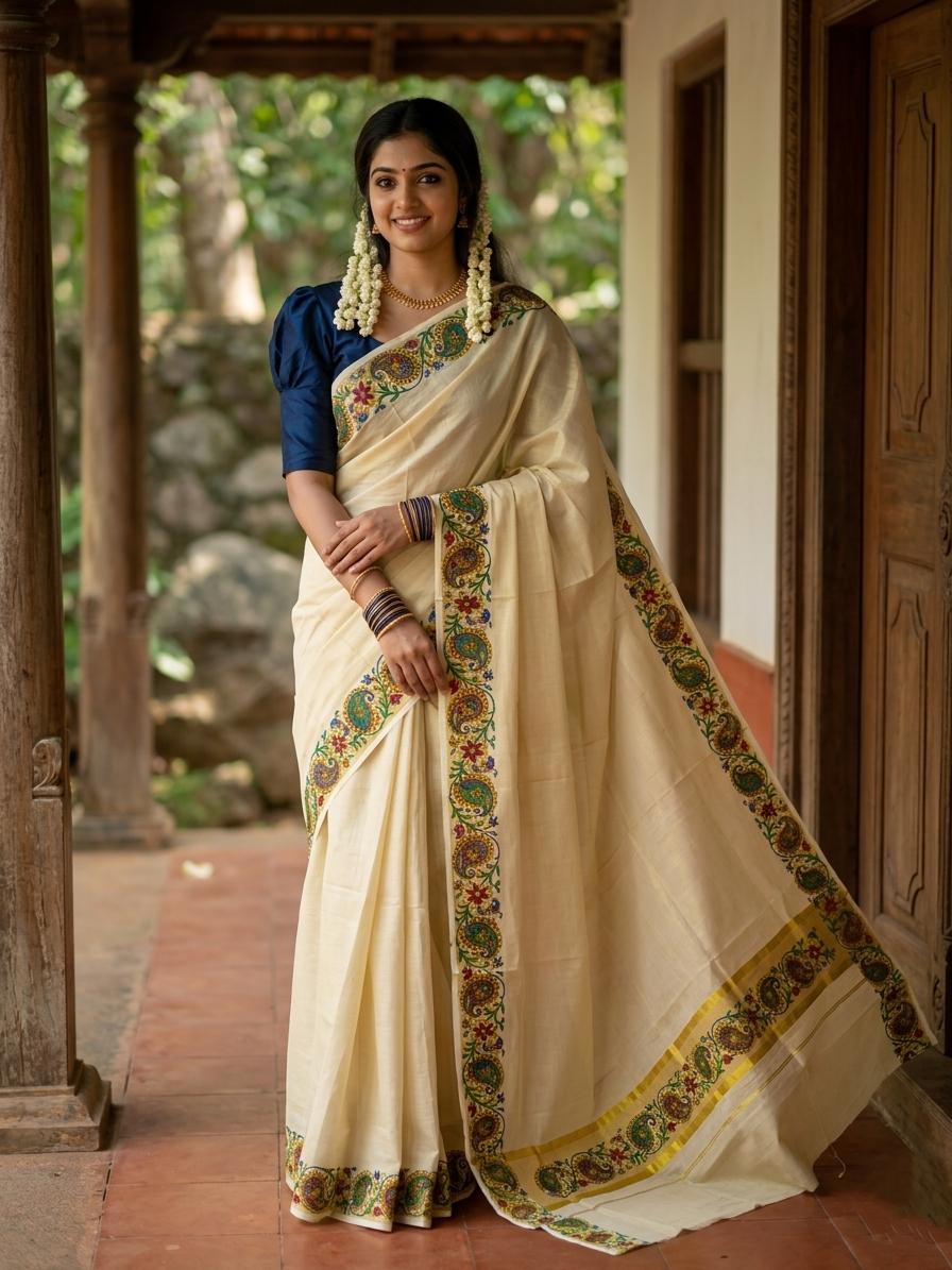 Southloom Tissue Kerala Kasavu Saree with Floral Print on Border