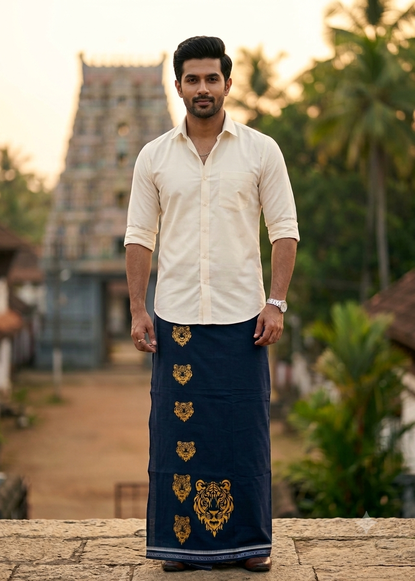 Southloom Black Printed Single Mundu / Otta Mundu / Lungi (South Indian Kerala Dhoti) with Tiger PrintSL580