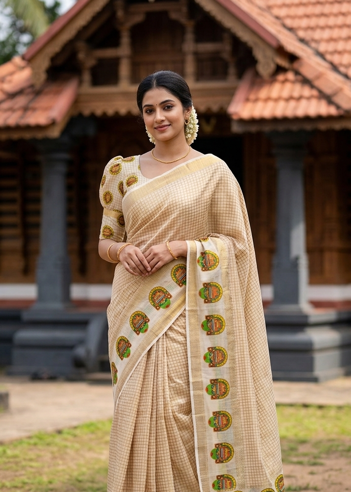 Southloom Chanderi Saree with Check Body And Zari Work with Kathakali Mural Print SL554