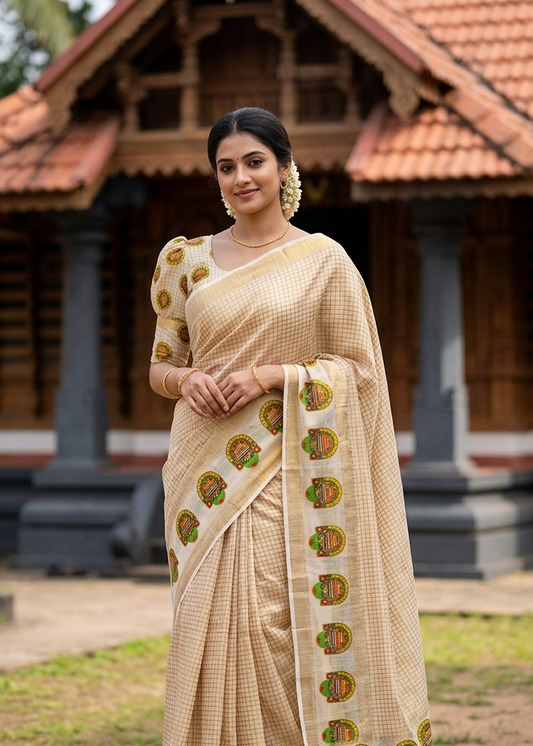Southloom Chanderi Saree with Check Body And Zari Work with Kathakali Mural Print SL554
