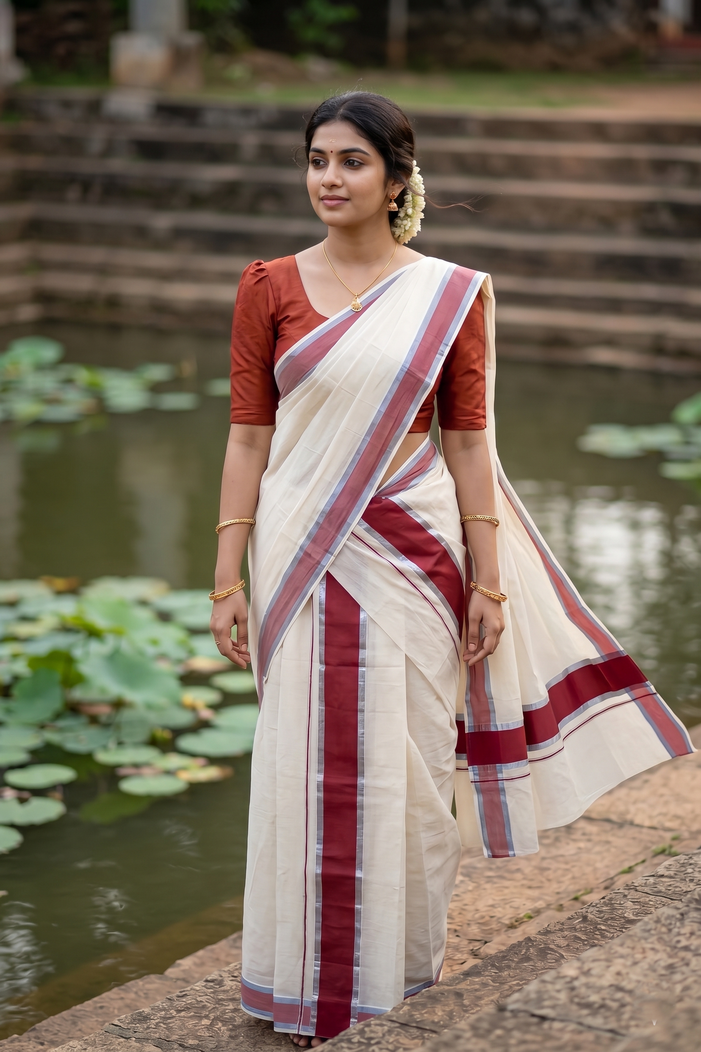 Kerala Cotton Mundum Neriyathum Single (Set Mundu) with Brick Red and Silver Kasavu Border 2.80 Mtrs  SLKK SL498