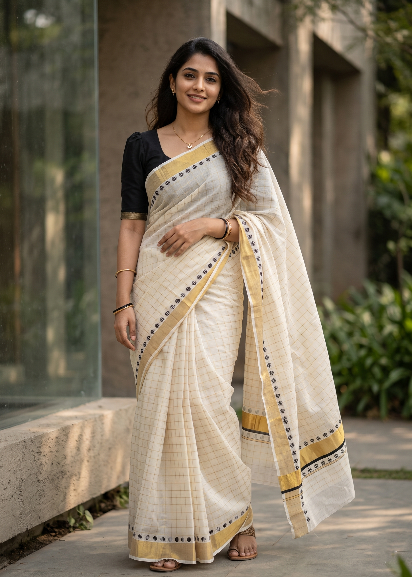 Southloom Kerala Cotton Kasavu Saree With Check Design On Body And  Black Polka Dot Design On Borders