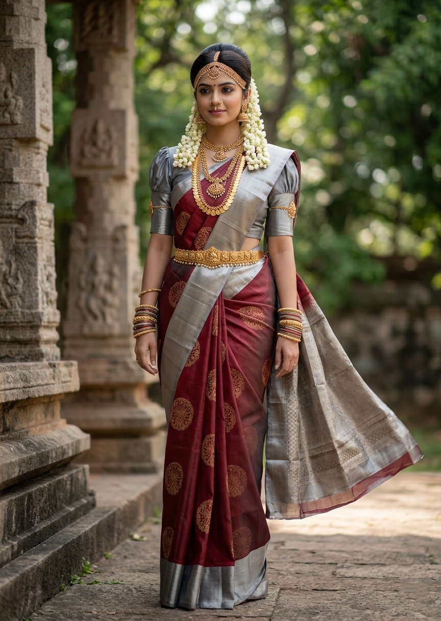 Southloom Pure Handloom Kanchipuram Silk Saree with Butta Work(Maroon & Grey)