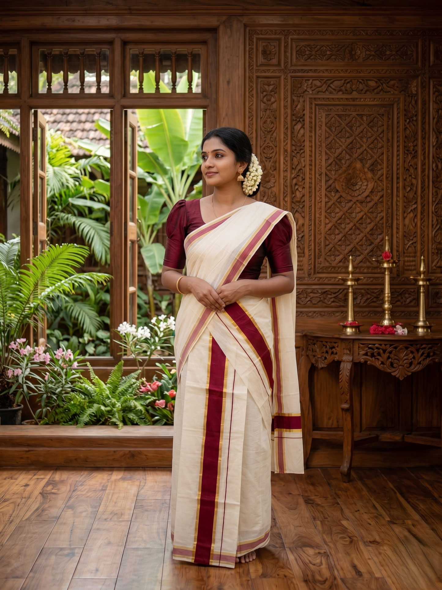 Southloom Kerala Cotton Single Set Mundu (Mundum Neriyathum) with Kasavu and Maroon Border