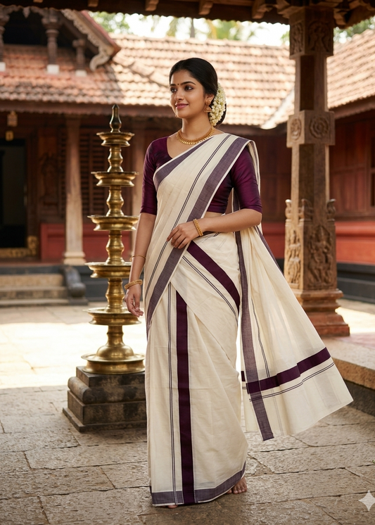 Kerala Cotton Purple Kara Set Mundu 2.80 mtrs SL425