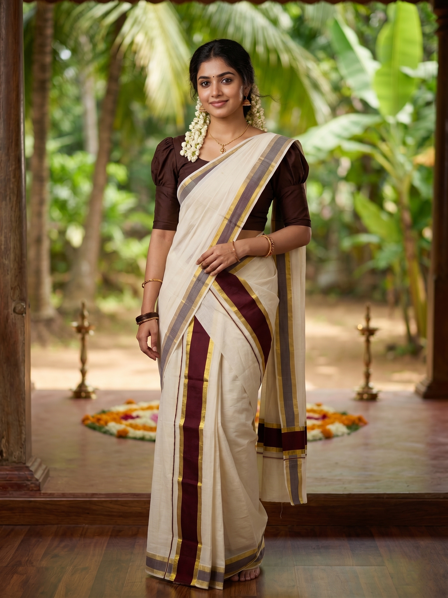 Southloom Kerala Cotton Single Set Mundu (Mundum Neriyathum) with Kasavu and Brown Border 2.80Mtrs  SLKK SL470