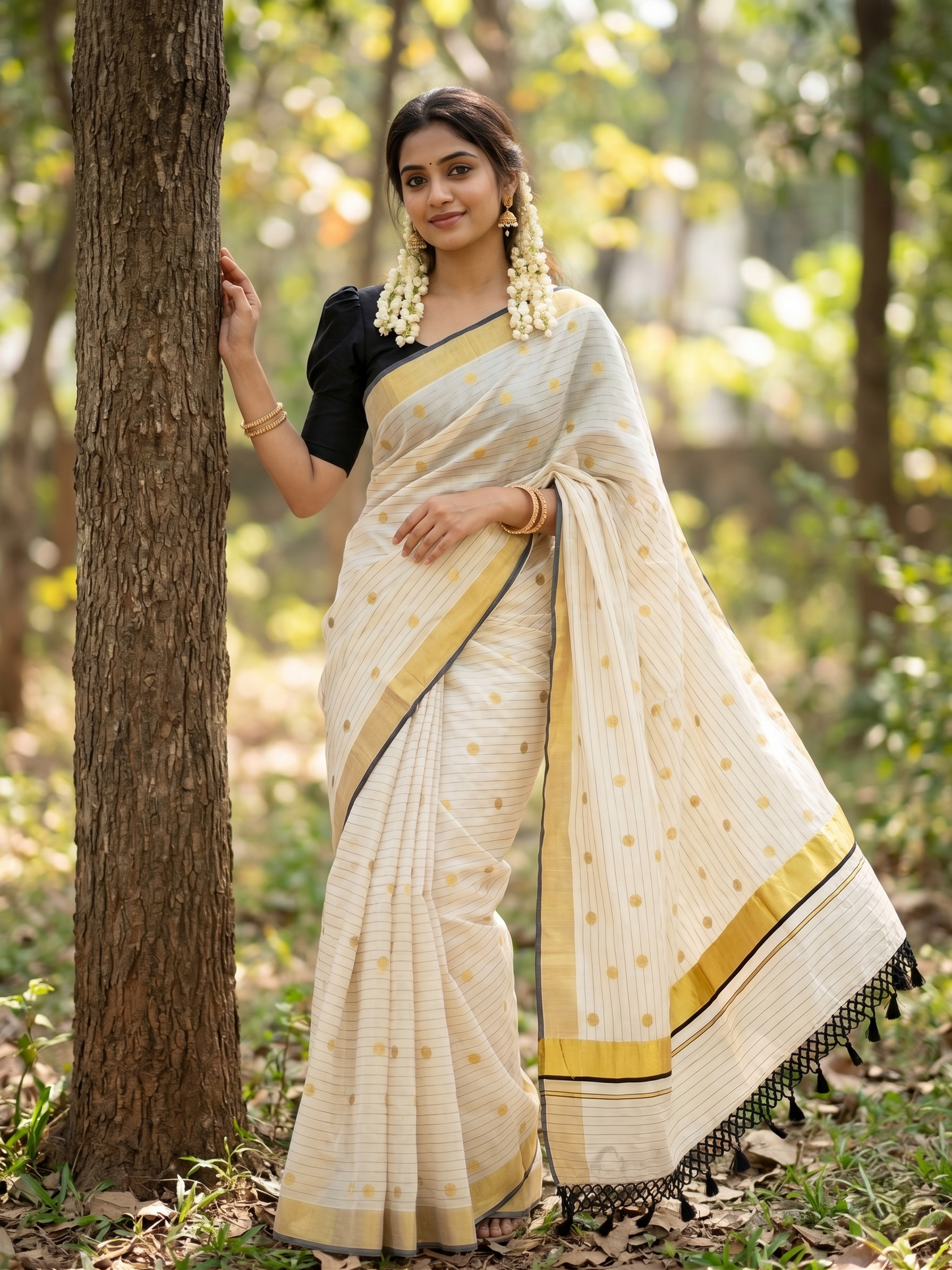 Southloom Kerala Tissue Kasavu Saree with Gold Polka Embroidery Works on Body in Black