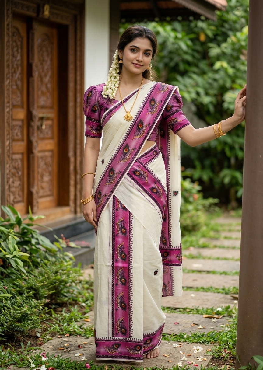 Southloom Kerala Pure Cotton  Set Mundu (Mundum Neriyathum) with Pink Block Prints on Border-2.80Mtrs SL621