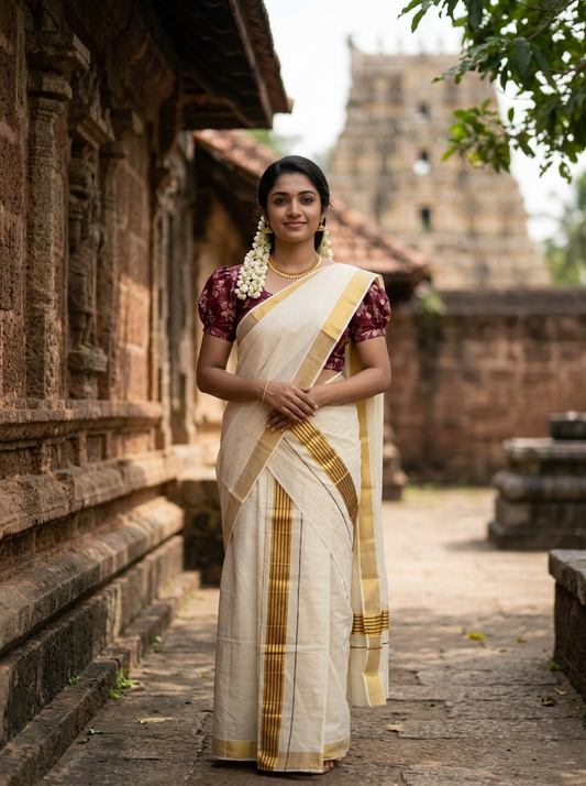 Southloom Pure Cotton Kerala Kasavu Double Set Mundu (Mundum Neriyathum) Kasavu & Maroon Border