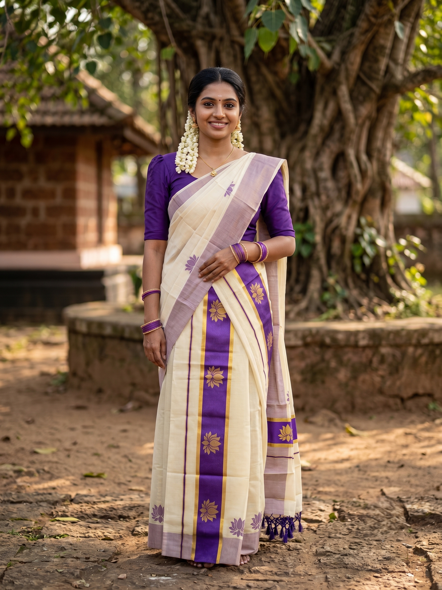 Southloom Kerala Cotton Kasavu Single Set Mundu (Mundum Neriyathum) with Lotus Design in Violet SL546
