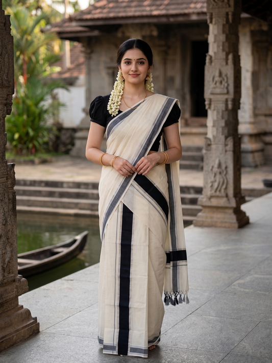 Southloom Kerala Cotton Mundum Neriyathum Single (Set Mundu) with Silver Kasavu and Black Border 2.80 Mtrs SLKK SL525