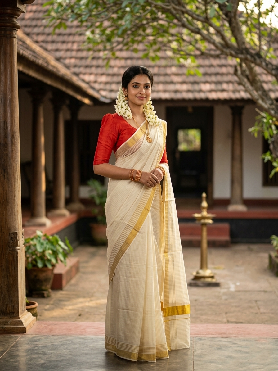 Southloom Pure Cotton Kerala Kasavu Saree with Lines on Body and Kasavu Border