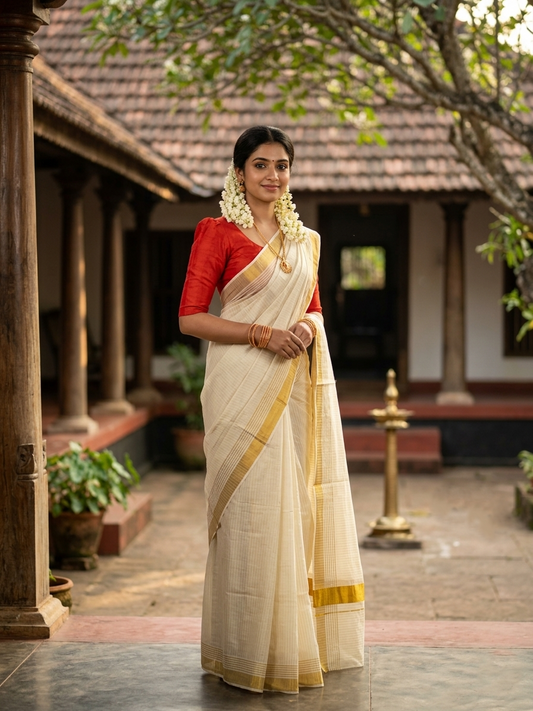Southloom Pure Cotton Kerala Kasavu Saree with Lines on Body and Kasavu Border