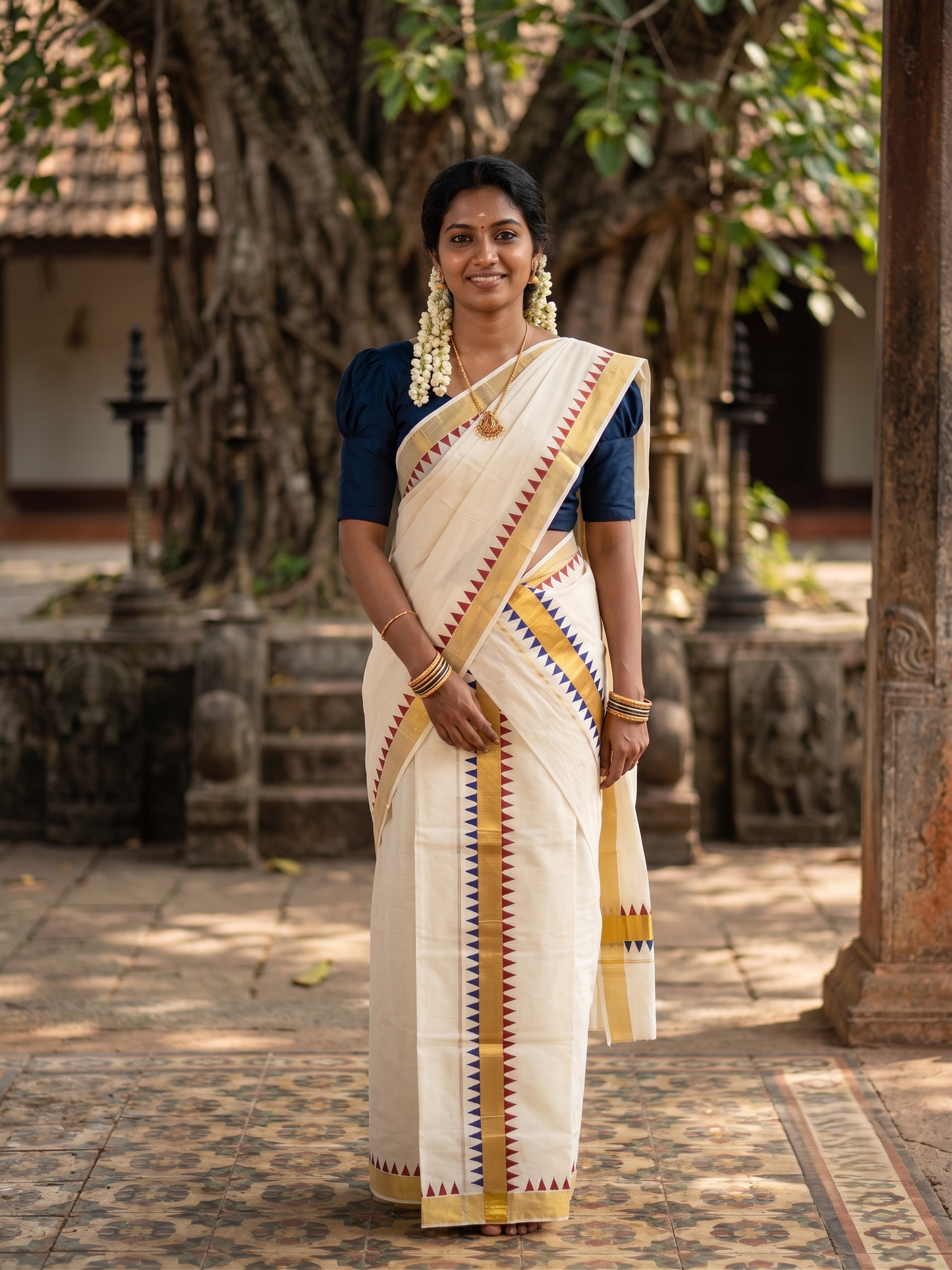 Southloom Kerala Cotton Kasavu Single Set Mundu (Mundum Neriyathum) with Maroon And Blue Temple Design Border SLKK