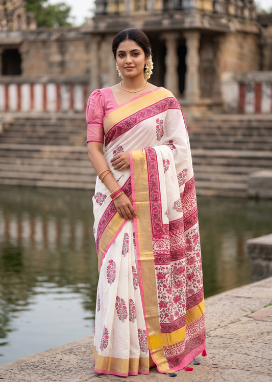 Southloom Cotton Kerala Kasavu Saree with Jaipur Block Printed on Body And Borders in Red SL561