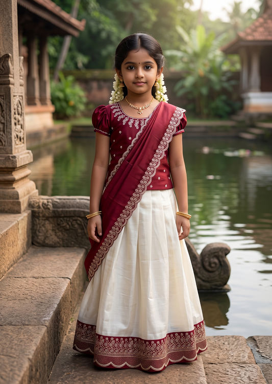 Southloom Stitched Georgette Dhavani Set with Pavada and Maroon Blouse Piece SLKDHAVANI