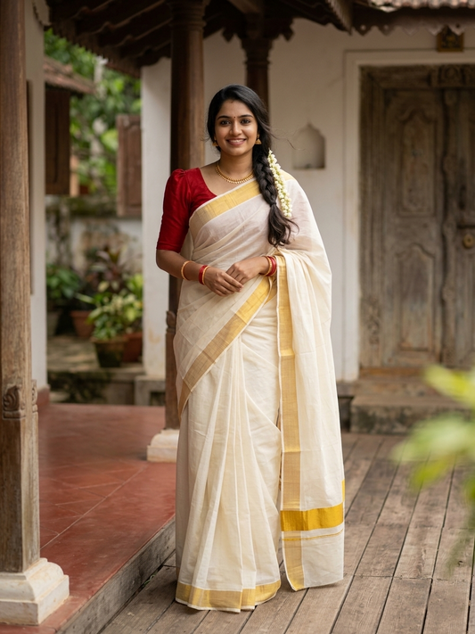 Southloom Pure Cotton Kerala Kasavu Saree with Chuttikara Border