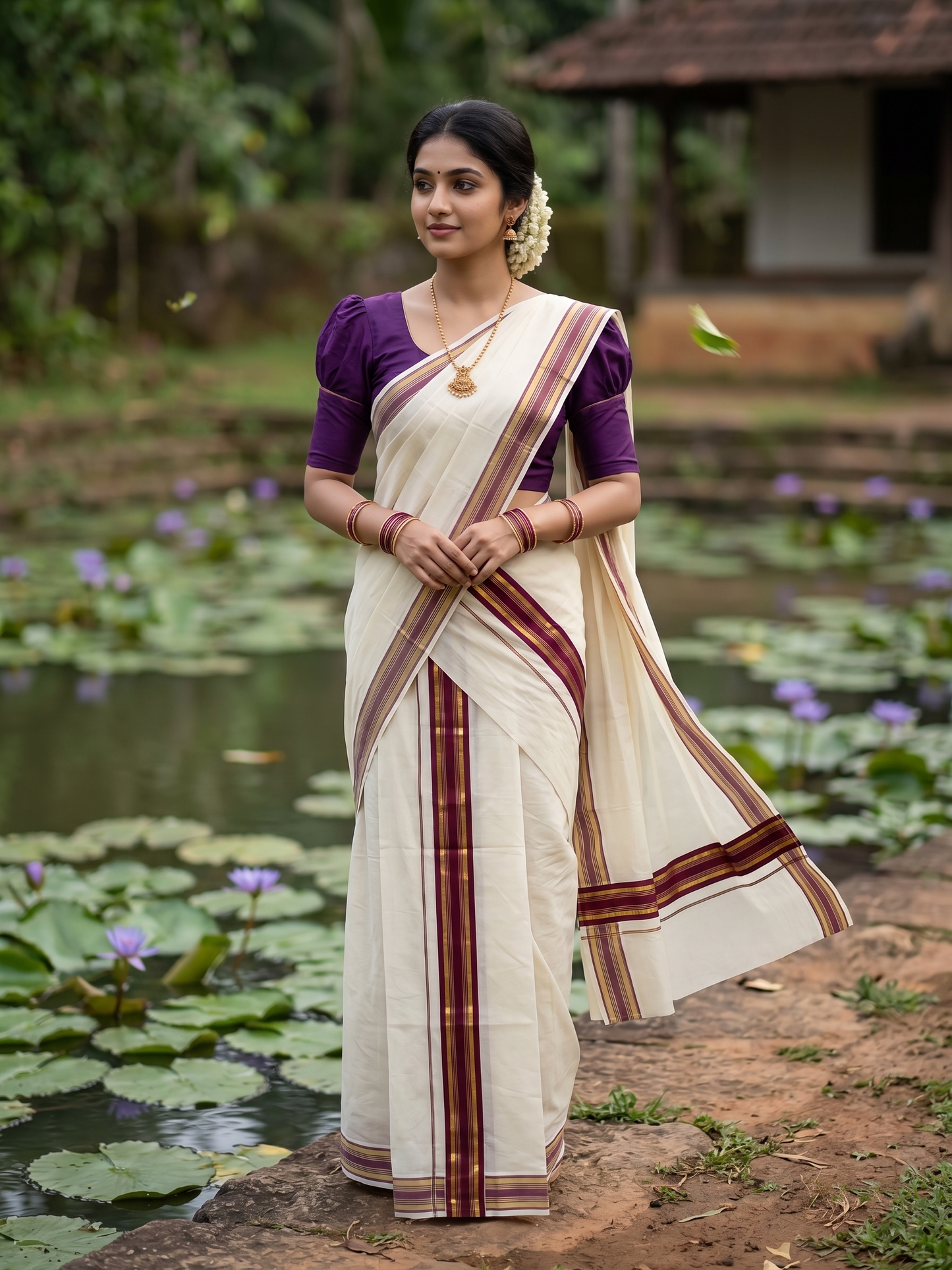 Southloom Kerala Cotton Kasavu Single Set Mundu (Mundum Neriyathum) with Purple Kasavu Border SLKK
