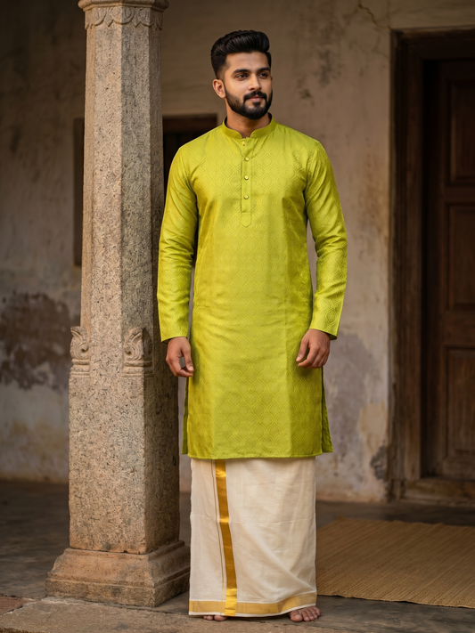 Southloom Green Woven Semi Silk Short Kurta for Men SL590