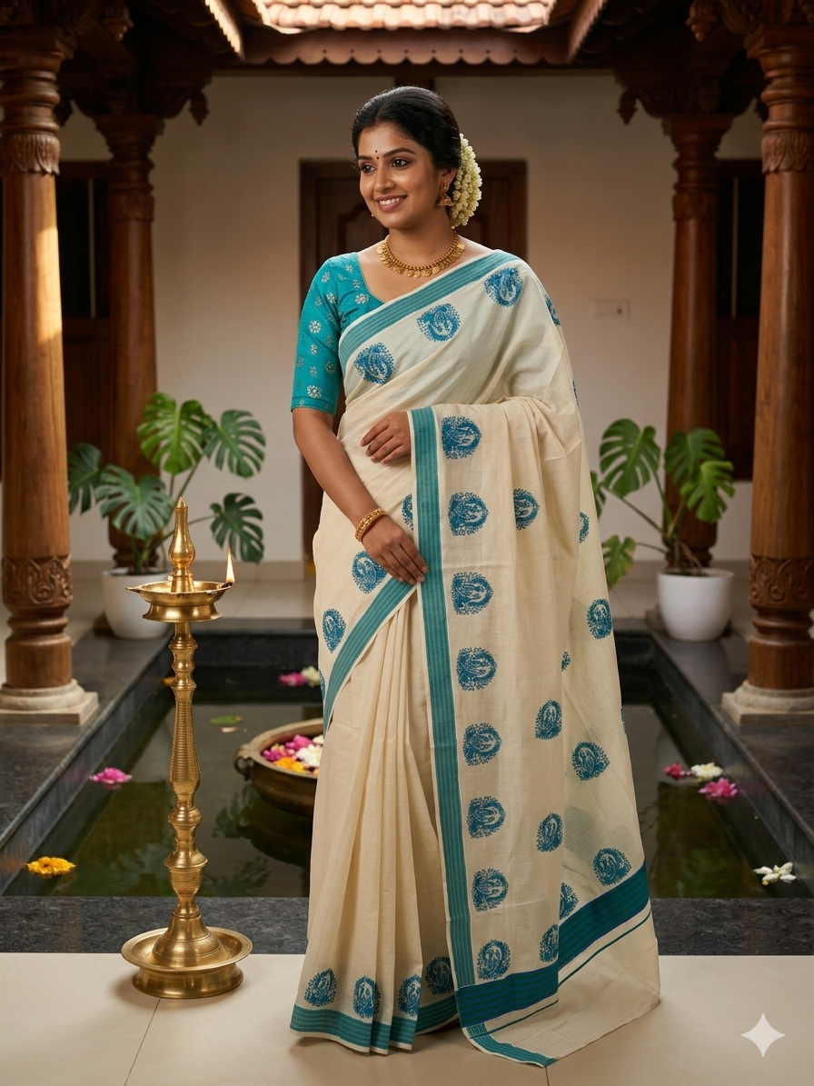 Kerala Cotton Turquoise  Colour Printed Saree SL177
