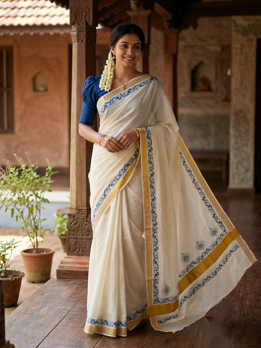 Southloom Cotton Kerala Kasavu Saree with Blue Block Prints On Border