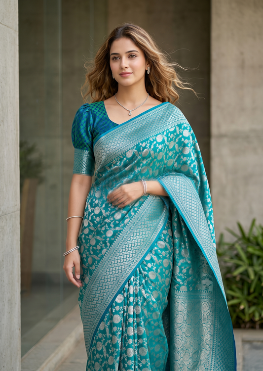 Southloom Pure Banarasi Silk Saree with Woven Work on Body and Borders (Peacock Green And Blue)