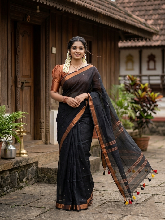 Southloom Mul Cotton 120 x 120 Soft Fabric Onam Saree in Blackwith Sequins Work SL215