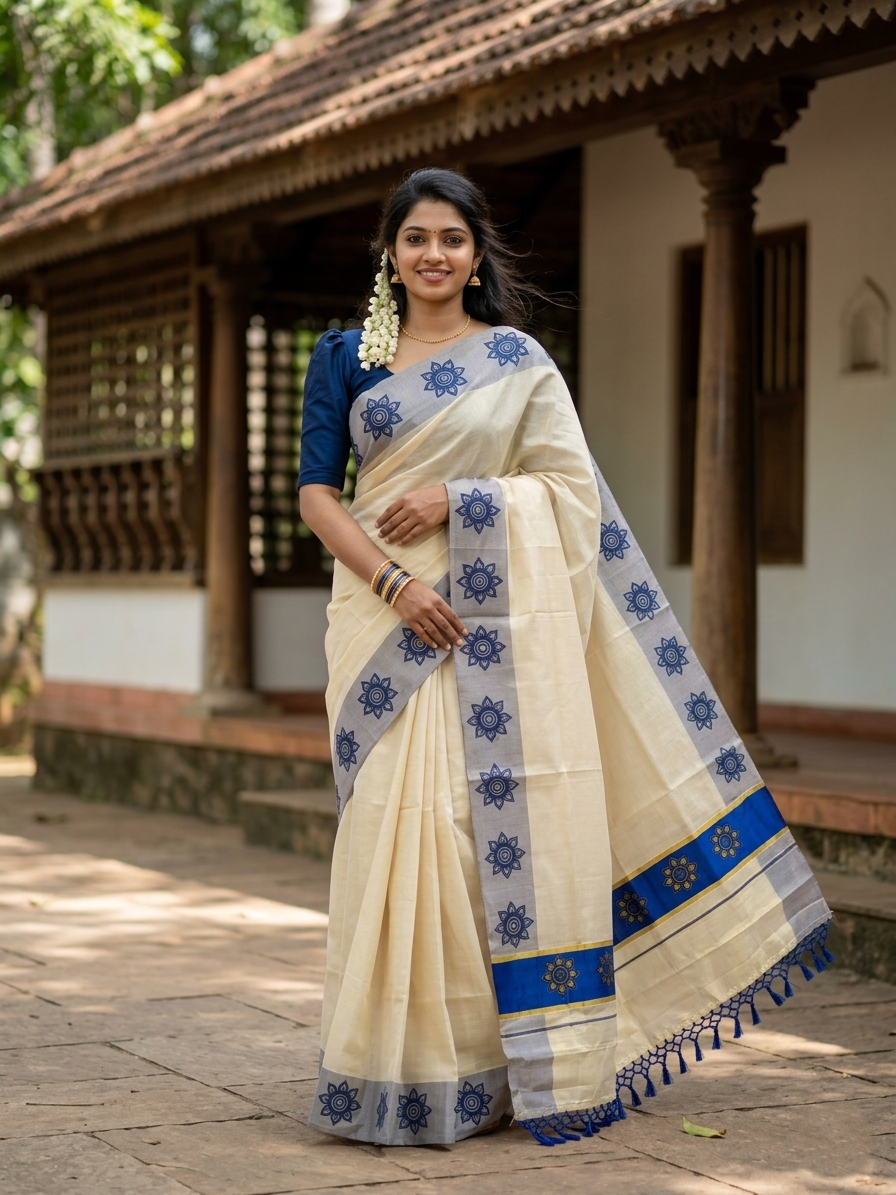 Southloom Kerala Tissue Kasavu Saree with Floral Block Prints in Blue Border