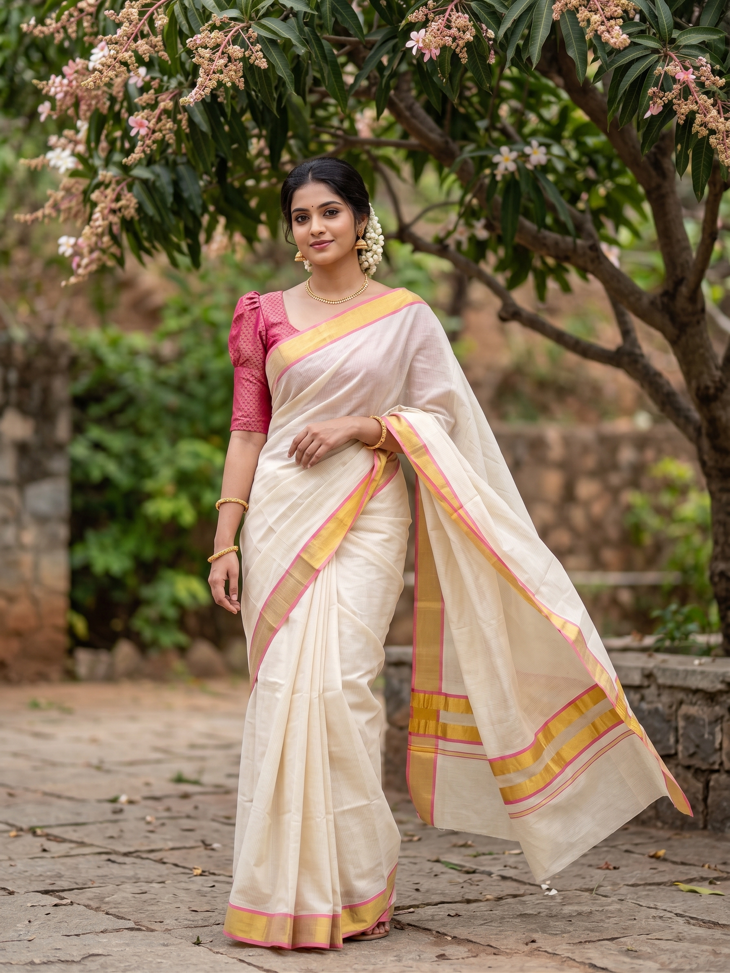 Southloom Kerala Cotton Kasavu Saree with Micro Stripes on Body In Pink Border SL361