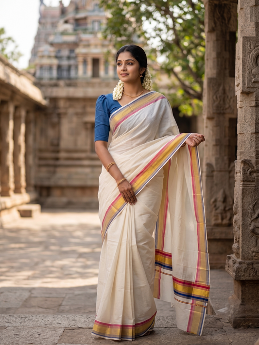 Southloom Kerala Cotton Kasavu Saree with Blue And Pink Border SL529
